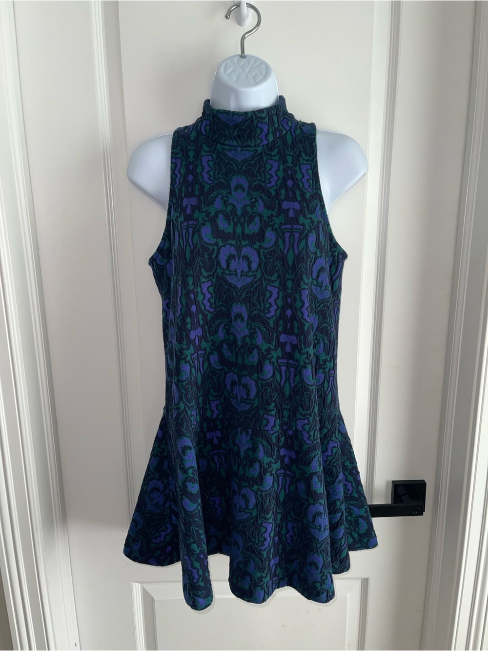 Free People Mock Neck Printed Sweater Dress Tunic Blue Green Size XS